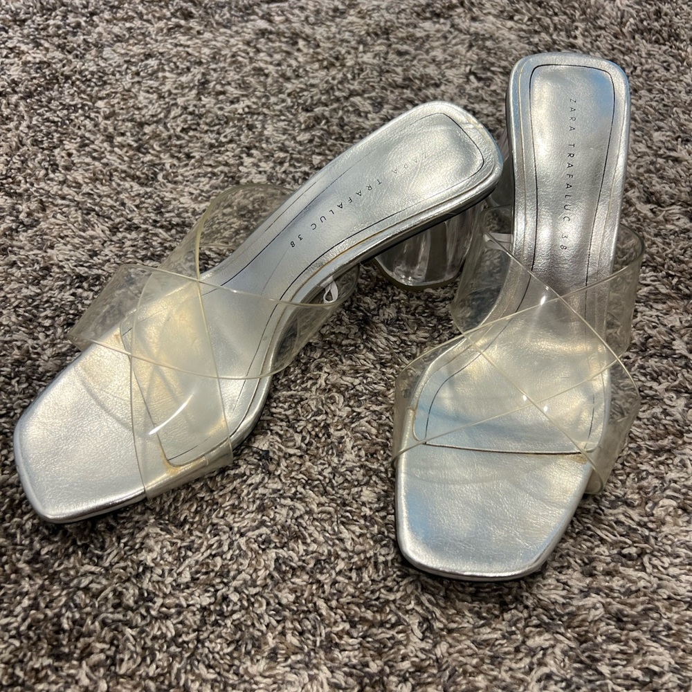 Zara Trafaluc acrylic block heel with clear cross strap